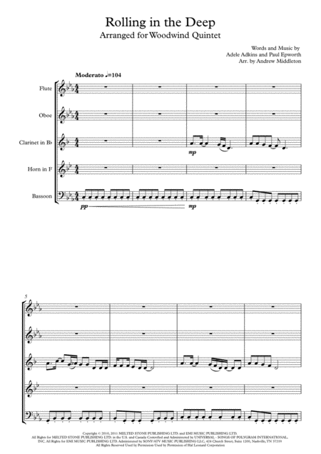 Free Sheet Music Rolling In The Deep For Woodwind Quintet