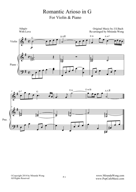 Romantic Arioso In G Violin And Piano Romantic Version Sheet Music