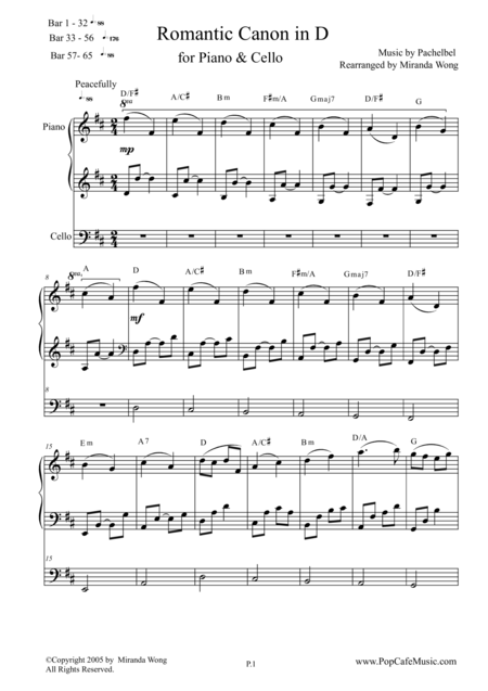 Romantic Canon In D For Piano Cello Sheet Music