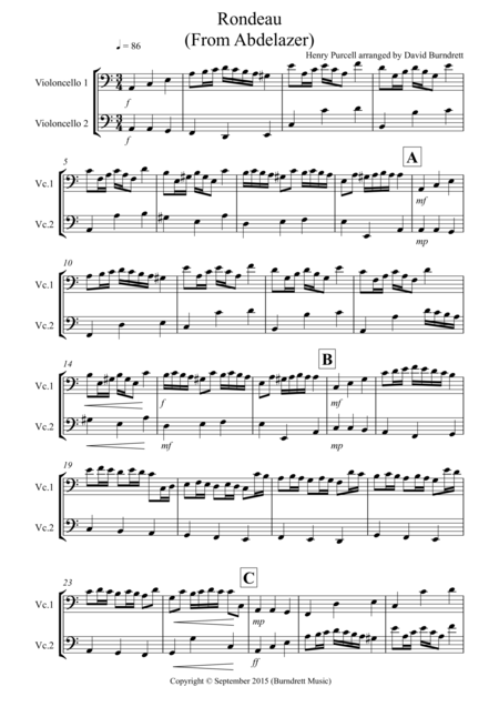 Free Sheet Music Rondeau From Abdelazer For Cello Duet