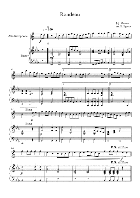 Free Sheet Music Rondeau Jean Joseph Mouret For Alto Saxophone Piano