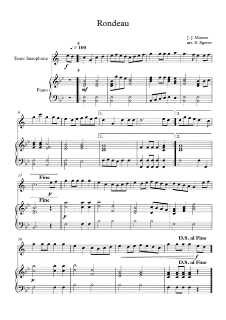 Free Sheet Music Rondeau Jean Joseph Mouret For Tenor Saxophone Piano