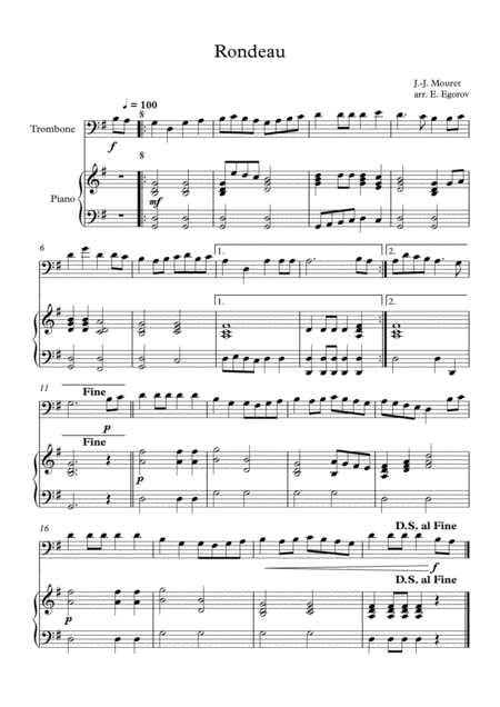 Rondeau Jean Joseph Mouret For Trombone Piano Sheet Music