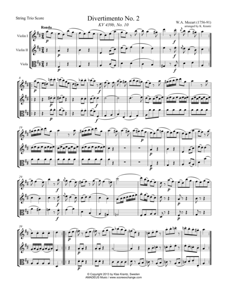 Rondo From Divertimento No 2 Kv 439b For String Trio Vln 1 Vln 2 Vla Sheet Music