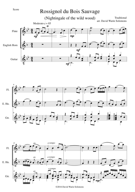 Free Sheet Music Rossignol Du Bois Sauvage For Flute Cor Anglais And Guitar