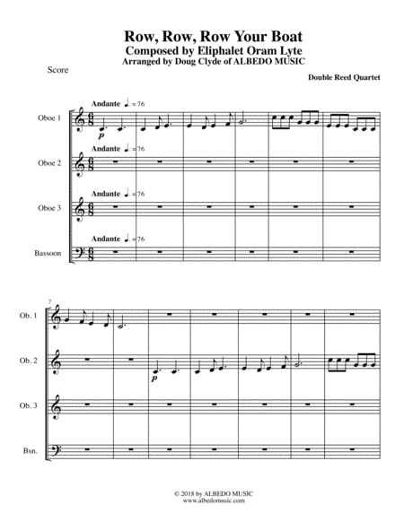 Row Row Row Your Boat For Double Reed Quartet Sheet Music