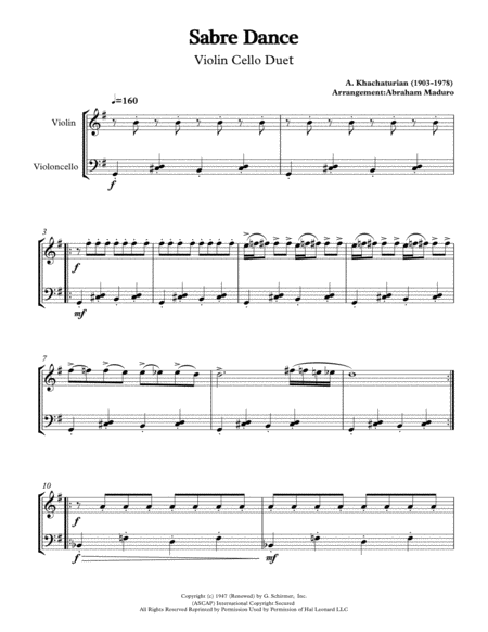 Free Sheet Music Sabre Dance By Aram Khachaturian Violin Cello Duet