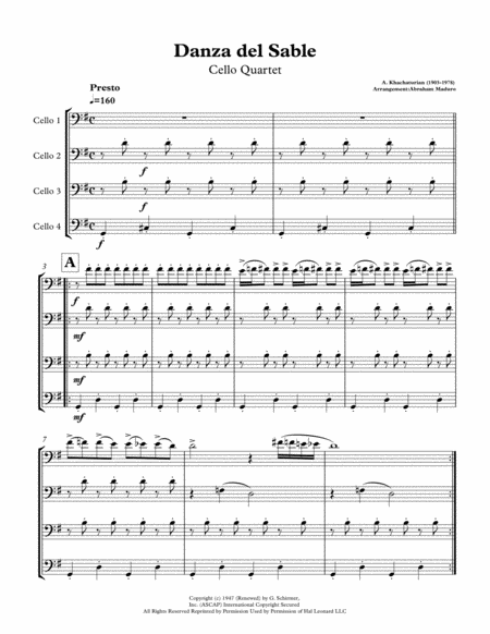 Sabre Dance Cello Quartet Sheet Music