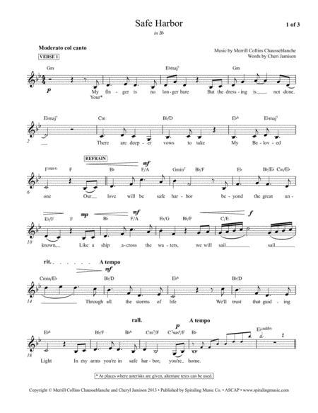 Safe Harbor Vocal Piano Lead Sheet In Bb Sheet Music