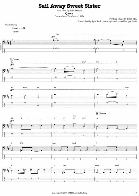 Sail Away Sweet Sister Queen John Deacon Complete And Accurate Bass Transcription Whit Tab Sheet Music