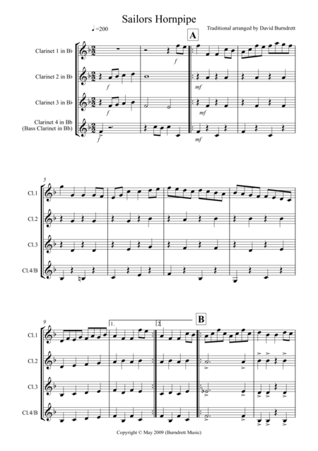 Free Sheet Music Sailors Hornpipe For Clarinet Quartet