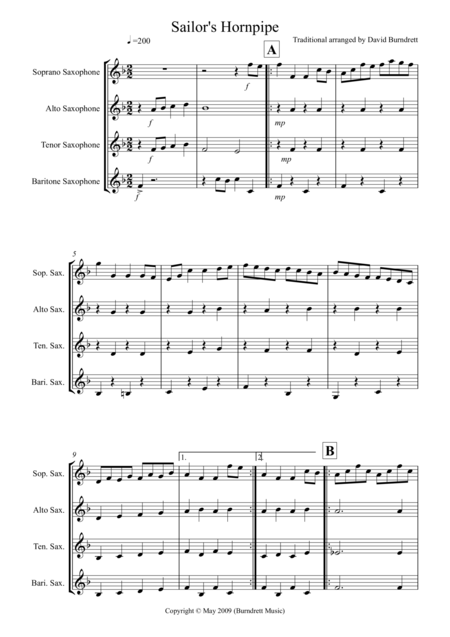Free Sheet Music Sailors Hornpipe For Saxophone Quartet