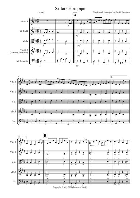 Sailors Hornpipe For String Quartet Sheet Music