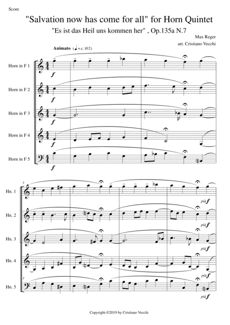 Salvation Now Has Come For All For Horn Quintet Sheet Music