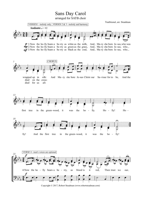 Free Sheet Music Sans Day Carol A Capella Satb Choir