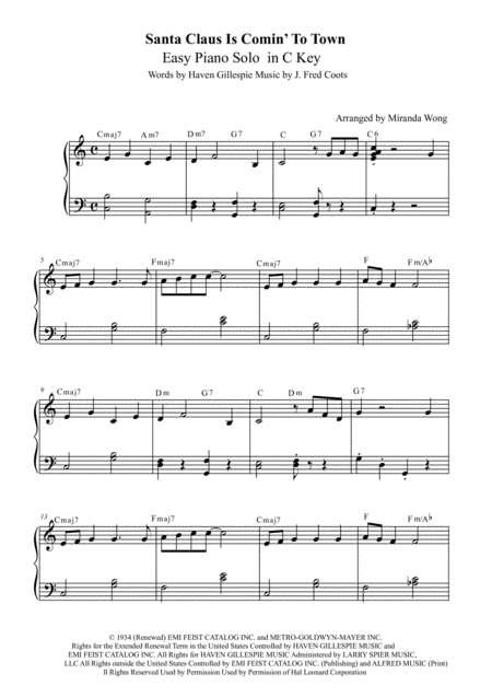 Santa Claus Is Comin To Town Easy Christmas Piano Solo In C Key With Chords Sheet Music