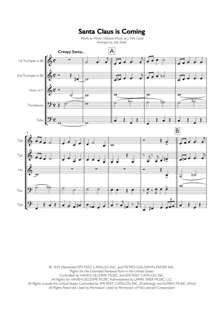 Santa Claus Is Coming To Town For Brass Quintet Sheet Music