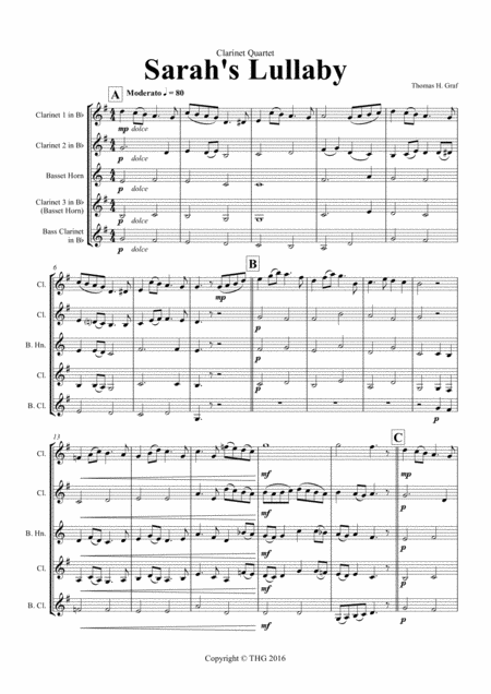 Free Sheet Music Sarahs Lullaby Grade 2 Clarinet Quartet