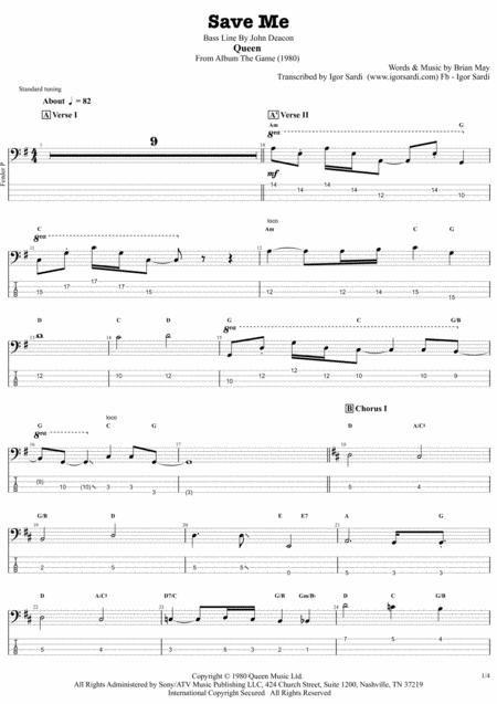 Save Me Queen John Deacon Complete And Accurate Bass Transcription Whit Tab Sheet Music