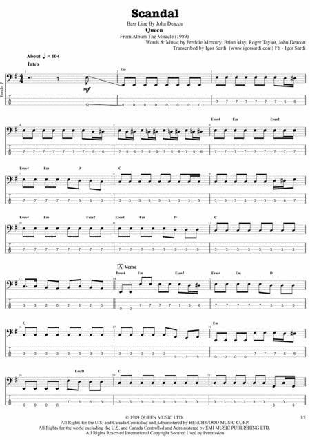 Free Sheet Music Scandal Queen John Deacon Complete And Accurate Bass Transcription Whit Tab