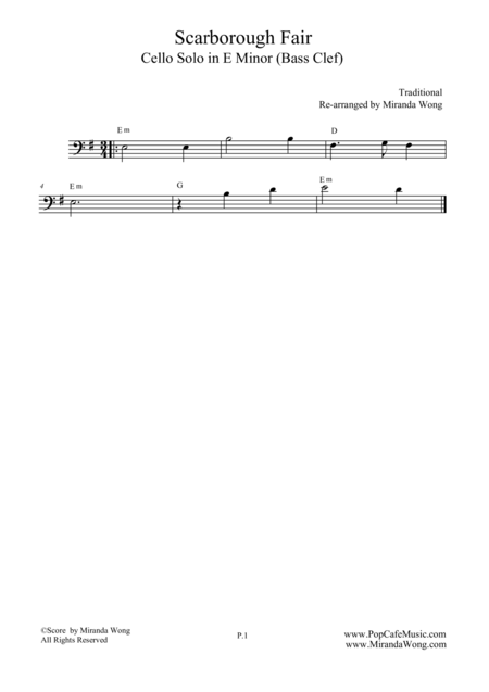 Scarborough Fair Cello Solo Bass Clef Sheet Music