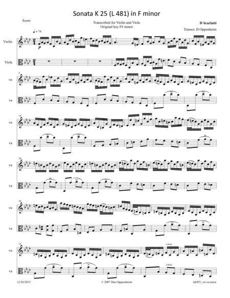 Scarlatti Sonata K 25 L 481 Arr For Violin And Viola Sheet Music