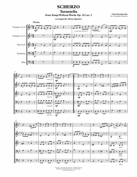 Scherzo Tarantella For Brass Quintet From Op 102 No 3 Songs Without Words Sheet Music