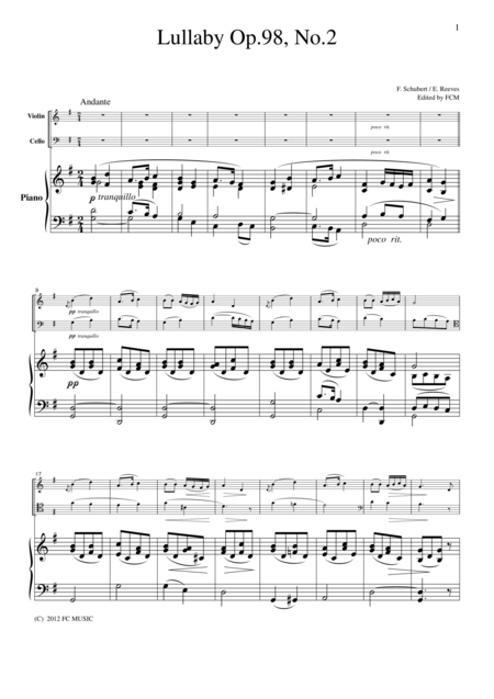 Free Sheet Music Schubert Lullaby Op 98 No 2 For Piano Trio Ps102