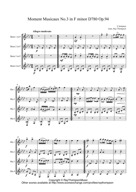 Schubert Moment Musical No 3 In F Minor D780 Op 94 Horn Quartet Sheet Music