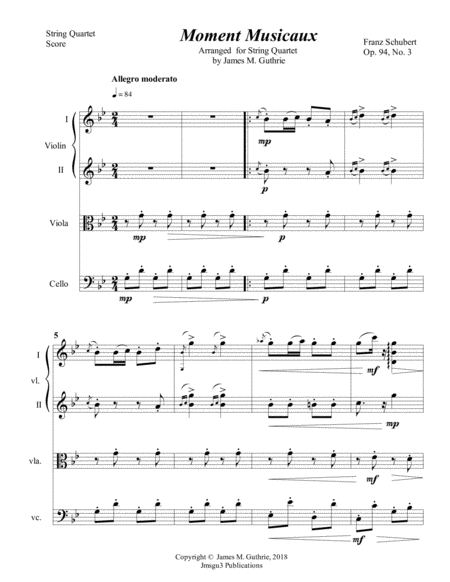 Schubert Moment Musicaux For String Quartet Sheet Music