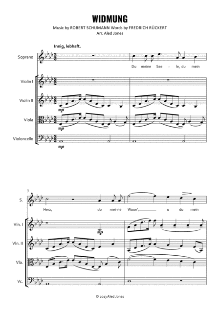 Schumann Widmung A Flat Maj For Soprano And String Quartet Sheet Music