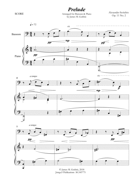 Scriabin Prelude Op 11 No 2 For Bassoon Piano Sheet Music