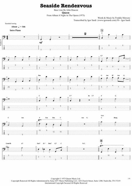 Seaside Rendezvous Queen John Deacon Complete And Accurate Bass Transcription Whit Tab Sheet Music