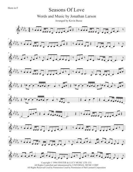 Seasons Of Love Horn In F Original Key Sheet Music