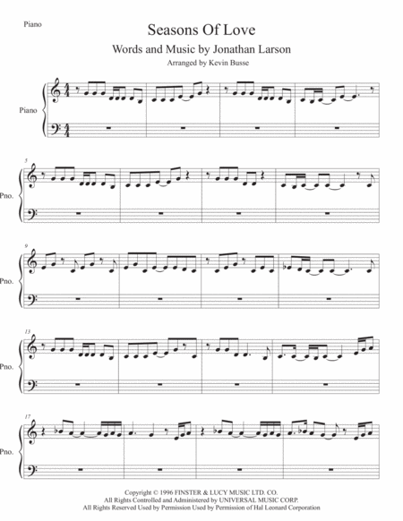 Free Sheet Music Seasons Of Love Piano Easy Key Of C