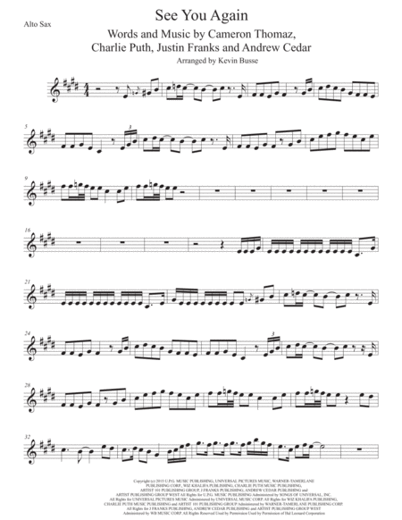 Free Sheet Music See You Again Alto Sax