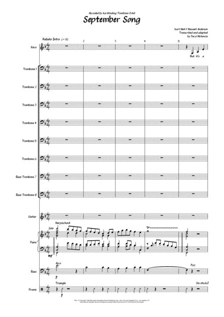 September Song Trombone Octet With Rhythm Section And Female Vocal Key Of F Sheet Music