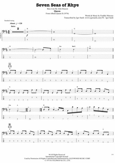 Seven Seas Of Rhye Queen Ii Queen John Deacon Complete And Accurate Bass Transcription Whit Tab Sheet Music