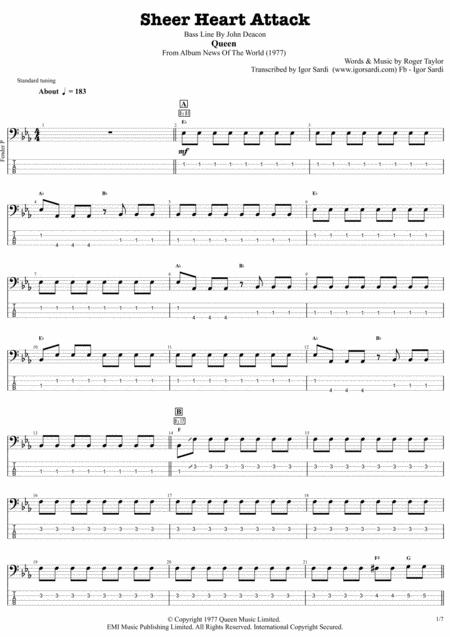 Free Sheet Music Sheer Heart Attack Queen John Deacon Complete And Accurate Bass Transcription Whit Tab