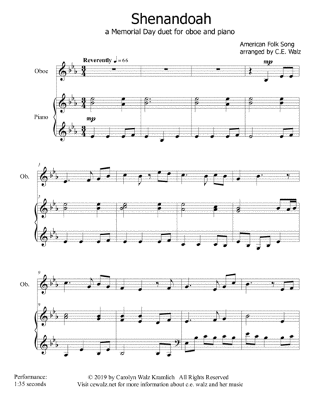 Shenandoah A Memorial Day Duet For Oboe And Piano Sheet Music