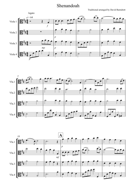 Shenandoah For Viola Quartet Sheet Music