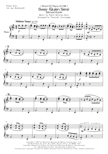 Short Ez Piano 138 Sway Quien Sera Michael Buble Sheet Music