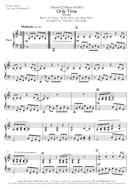 Short Ez Piano 150 Only Time Enya Sheet Music