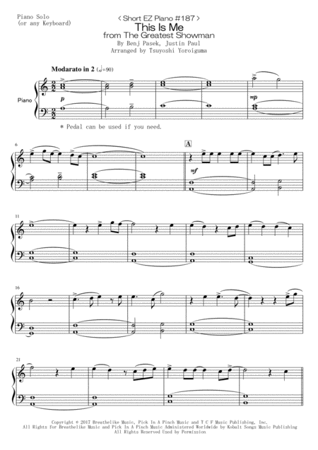 Short Ez Piano 187 This Is Me From The Greatest Showman Sheet Music