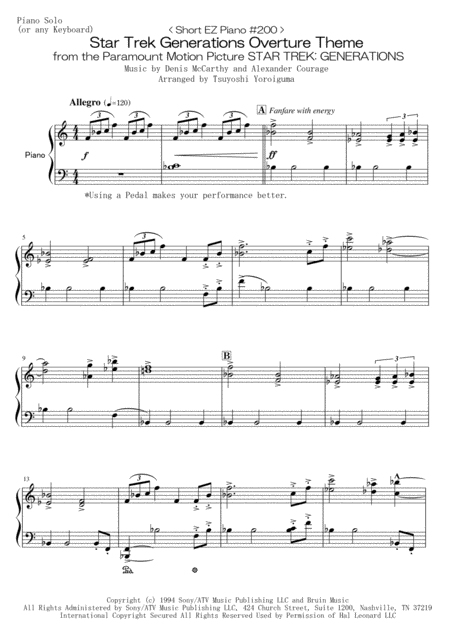 Short Ez Piano 200 Star Trek Generations Overture Theme From The Paramount Motion Picture Star Trek Generations Sheet Music