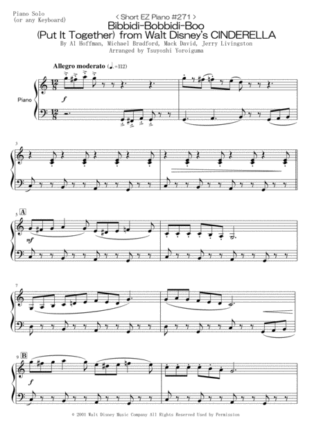 Free Sheet Music Short Ez Piano 271 Bibbidi Bobbidi Boo Put It Together From Walt Disneys Cinderella