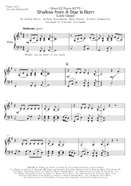 Free Sheet Music Short Ez Piano 275 Shallow From A Star Is Born Lady Gaga
