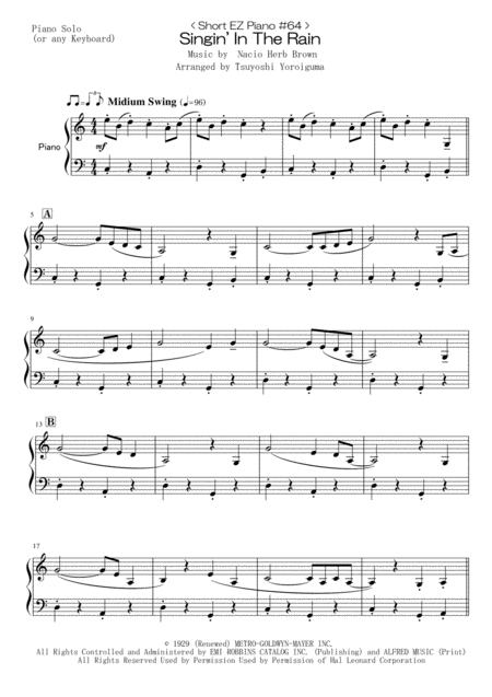 Free Sheet Music Short Ez Piano 64 Singin In The Rain