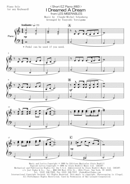 Free Sheet Music Short Ez Piano 83 I Dreamed A Dream From Les Miserables