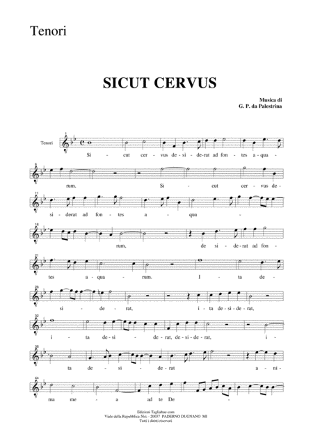 Sicut Cervus G P L Da Palestrina Part For Tenor Sheet Music